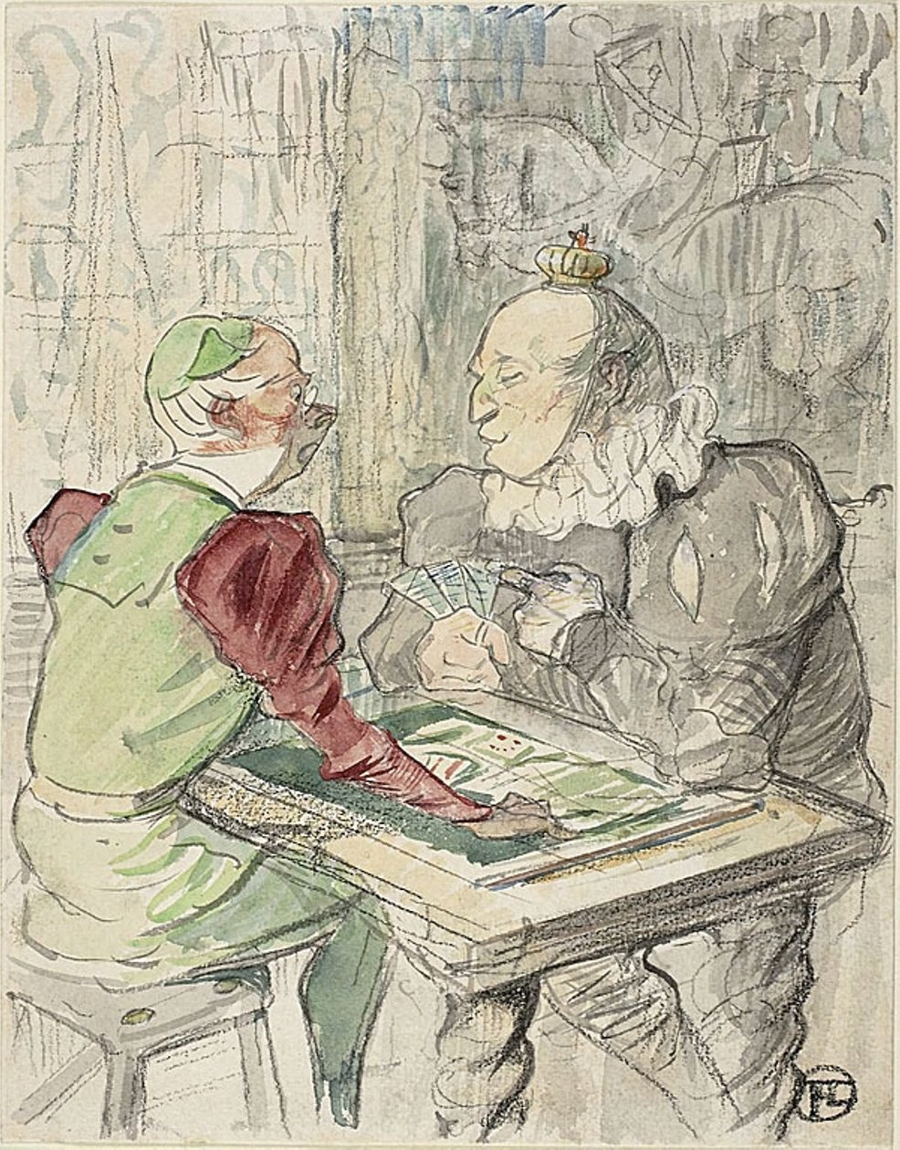 A király kártyajáték, másolat, 1895 után (akvarell és zsírkréta papíron) alkotó: Henri de (after) Toulouse Lautrec