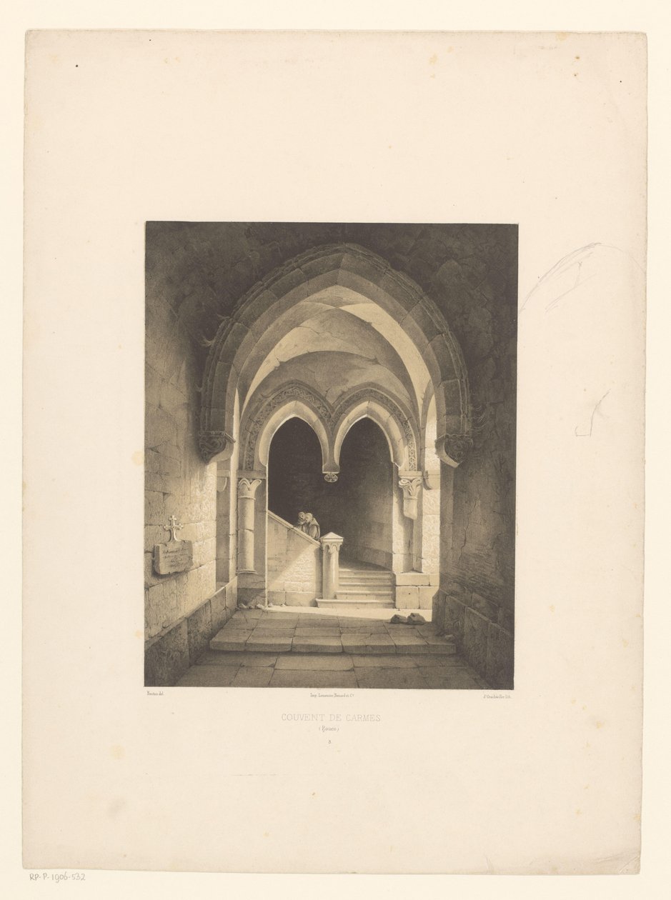 Egy kolostor belseje két szerzetessel a háttérben Couvent de Carmes, Rouen (cím a tárgyon) alkotó: Henri de Boug d