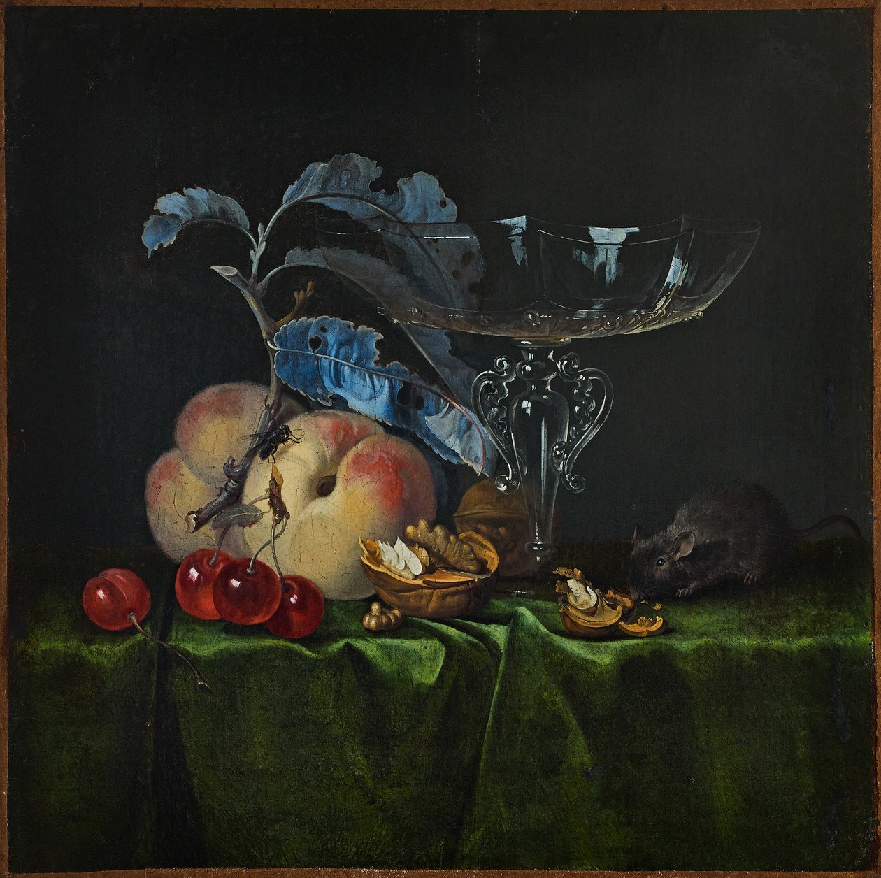 Csendélet őszibarackkal, dióval, egérrel és velencei borospohárral, 1661. alkotó: Henri de Fromantiou