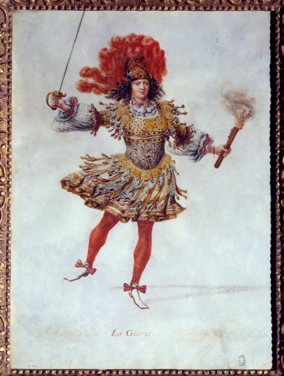 A háború jelmeze, egyik kezével egy fáklyát, a másikban egy kardot tart Carlo Caprioli (vagy Caproli) del Violino „Les noces de Pelee et Thetis” (Le Nozze di Peleo et di Teti) című balettjében. 1654.01.26-án Peer Bourbonban. A háború szerepe alkotó: Henri de Gissey