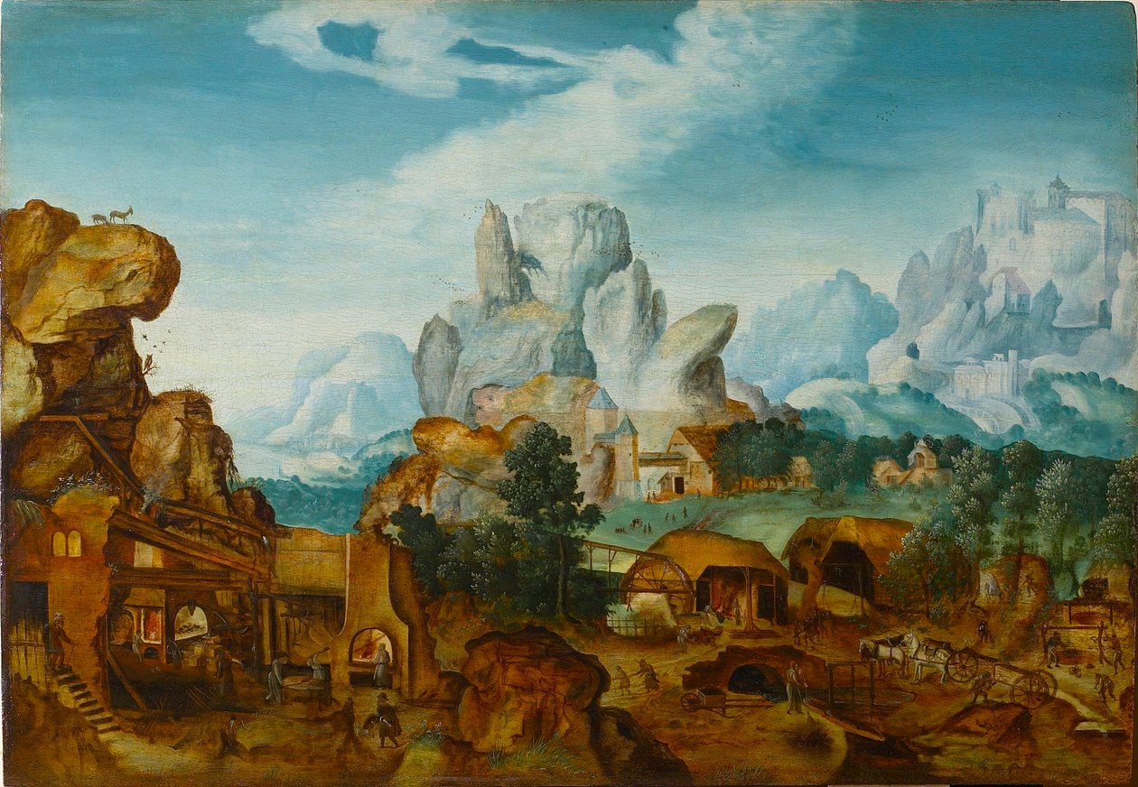 Sziklás táj egy kovácsművel A repülés Egyiptomba, 1550 előtt. alkotó: Henri de Herri met de Bles