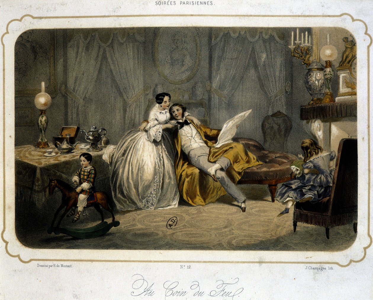A nappaliban pihenő polgári család - litográfia, v.1820. alkotó: Henri de Montaut