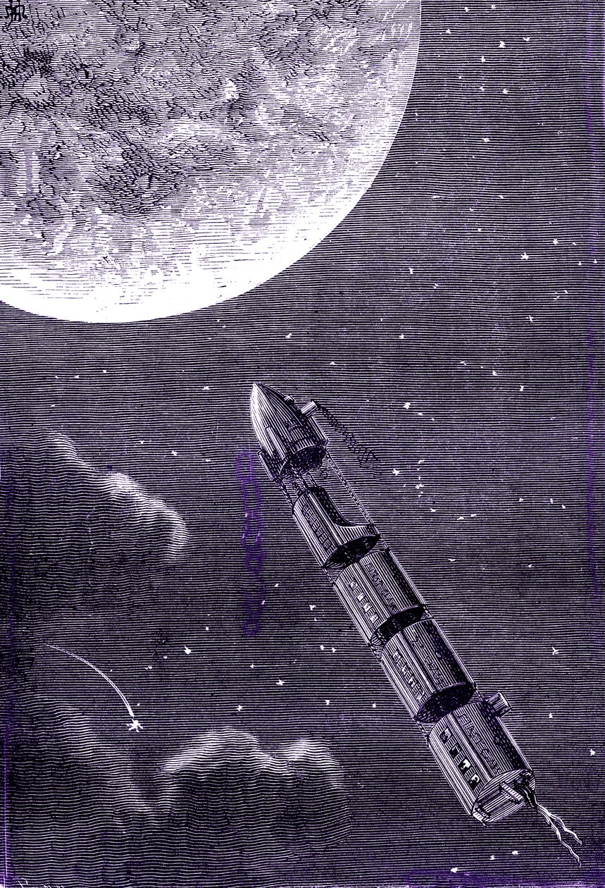 Train of bullets (or projectiles) fired by a giant gun cannon to the Moon, "From the Earth to the Moon" by Jules Verne alkotó: Henri de Montaut