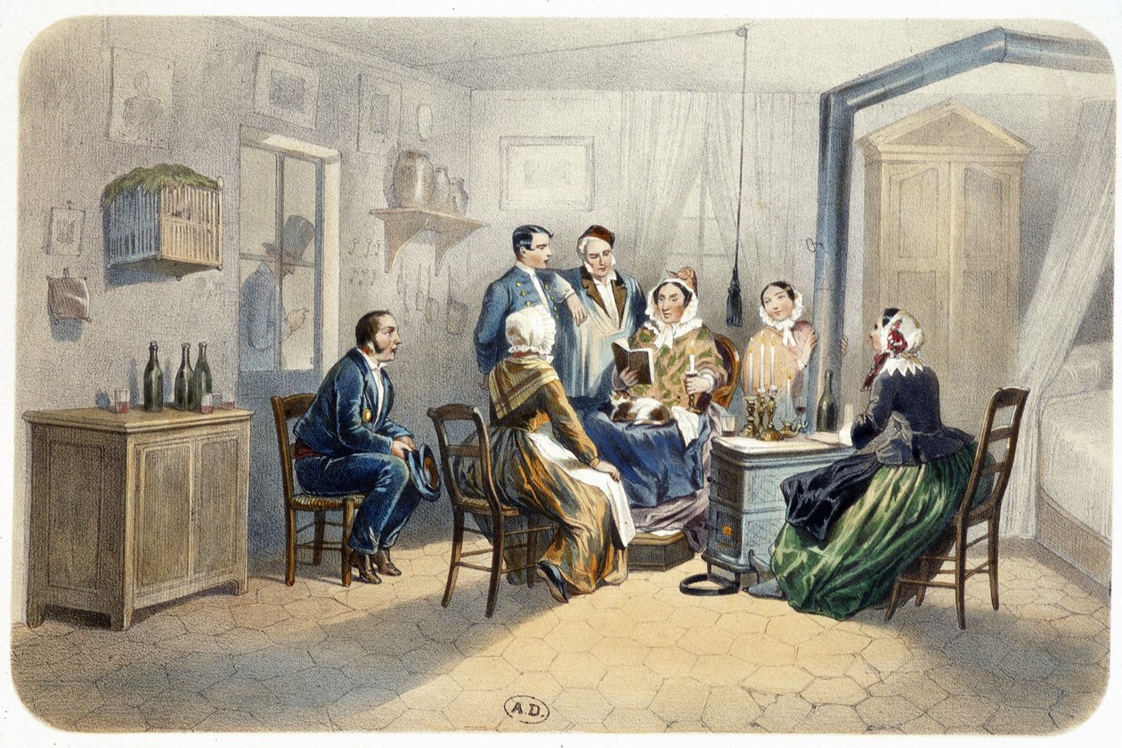 Vigilia: "" Felolvasás az ajtóban"" de Montaut (concierge páholy), n.d. 19. század alkotó: Henri de Montaut