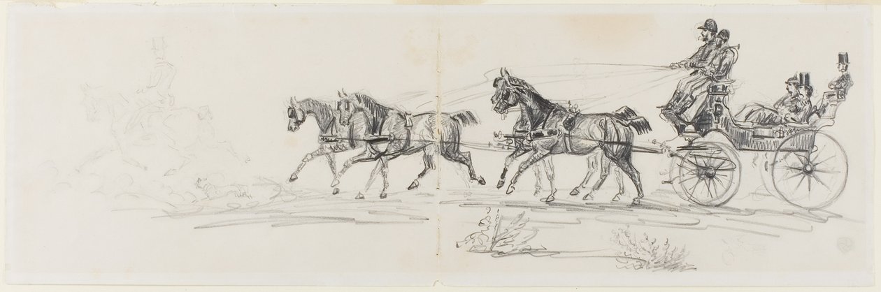 Lovas kocsi, amelyet egylovas előz meg (recto); Lovagló férfi takaróval és vázlatokkal a fejekről, a lovakról és a diadalívről (verso) alkotó: Henri de Toulouse-Lautrec
