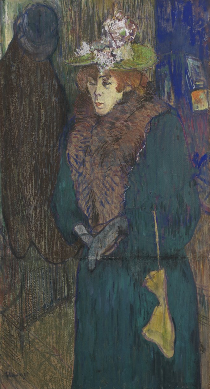 Jane Avril a Moulin Rouge bejáratánál, 1892 körül (pasztell és gouache a fedélzeten) alkotó: Henri de Toulouse Lautrec