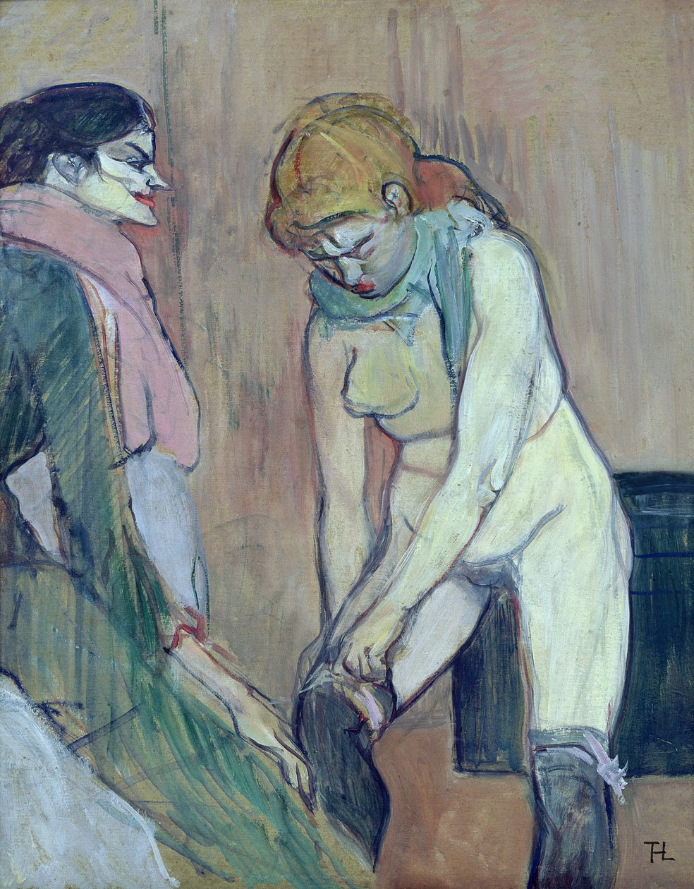 Harisnyát viselő nő, vagy a ház asszonya, 1894 körül (olaj a kártyán) alkotó: Henri de Toulouse Lautrec