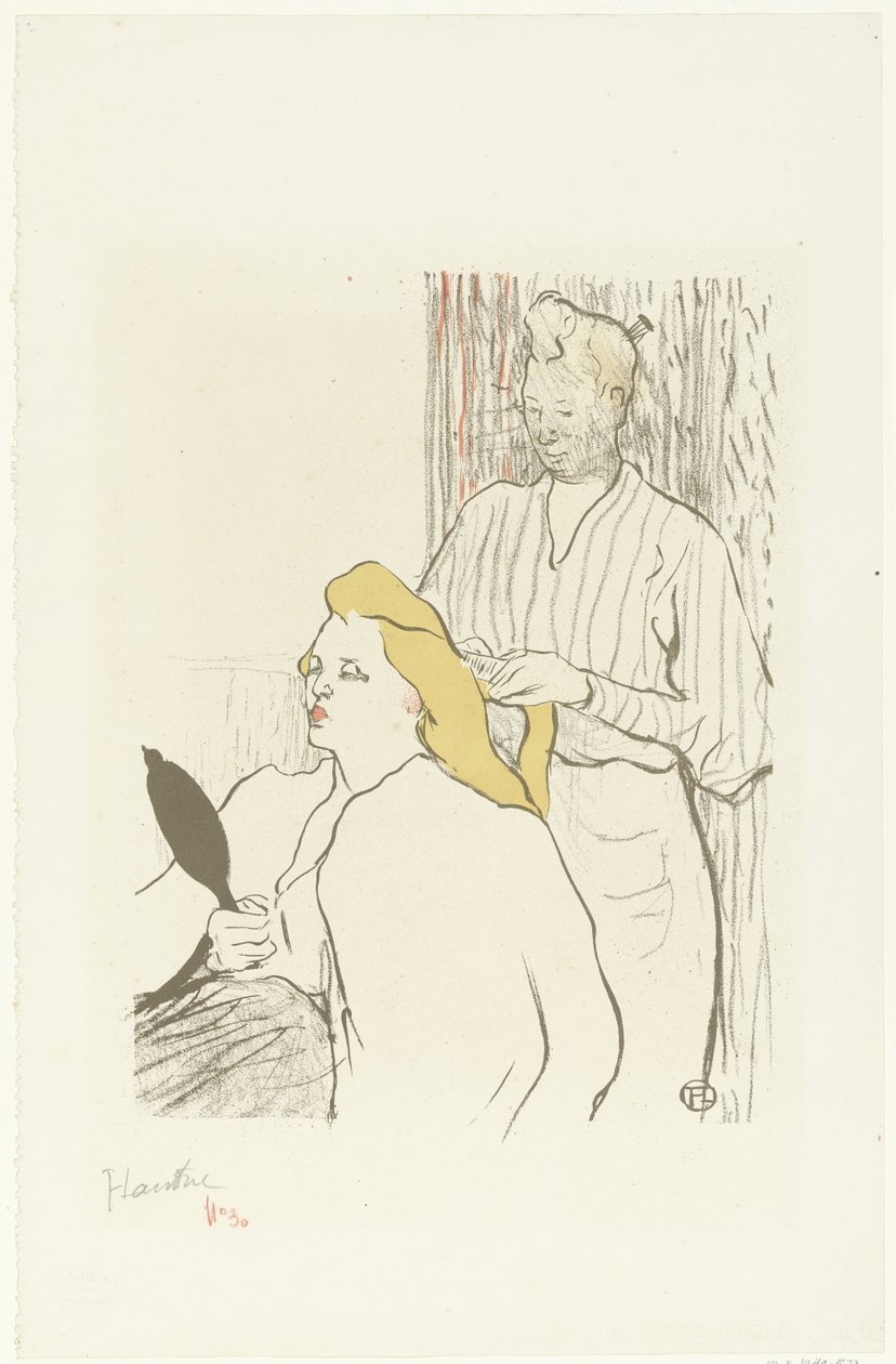 Fodrász fésüli ülő nő haját tükörrel a kezében Coiffeur Program du Théâtre Libre alkotó: Henri de Toulouse Lautrec (signed by artist)