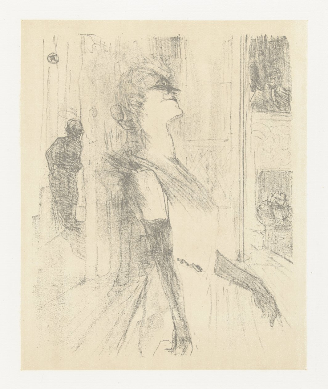 Portret van színésznő Yvette Guilbert tijdens optreden Yvette Guilbert a színpadon Yvette Guilbert: angol sorozat (sorozat címe) alkotó: Henri de Toulouse Lautrec (signed by artist)