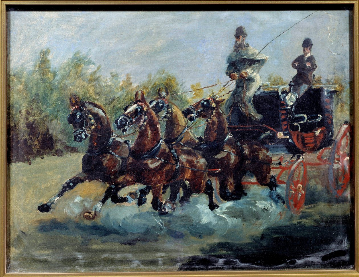 Alphonse Toulouse Lautrecből vezeti az e-mail edzőjét. A postakocsi egy szedán négy lóval, több üléssorral a kocsi tetején). Henri de Toulouse Lautrec festménye alkotó: Henri de Toulouse Lautrec