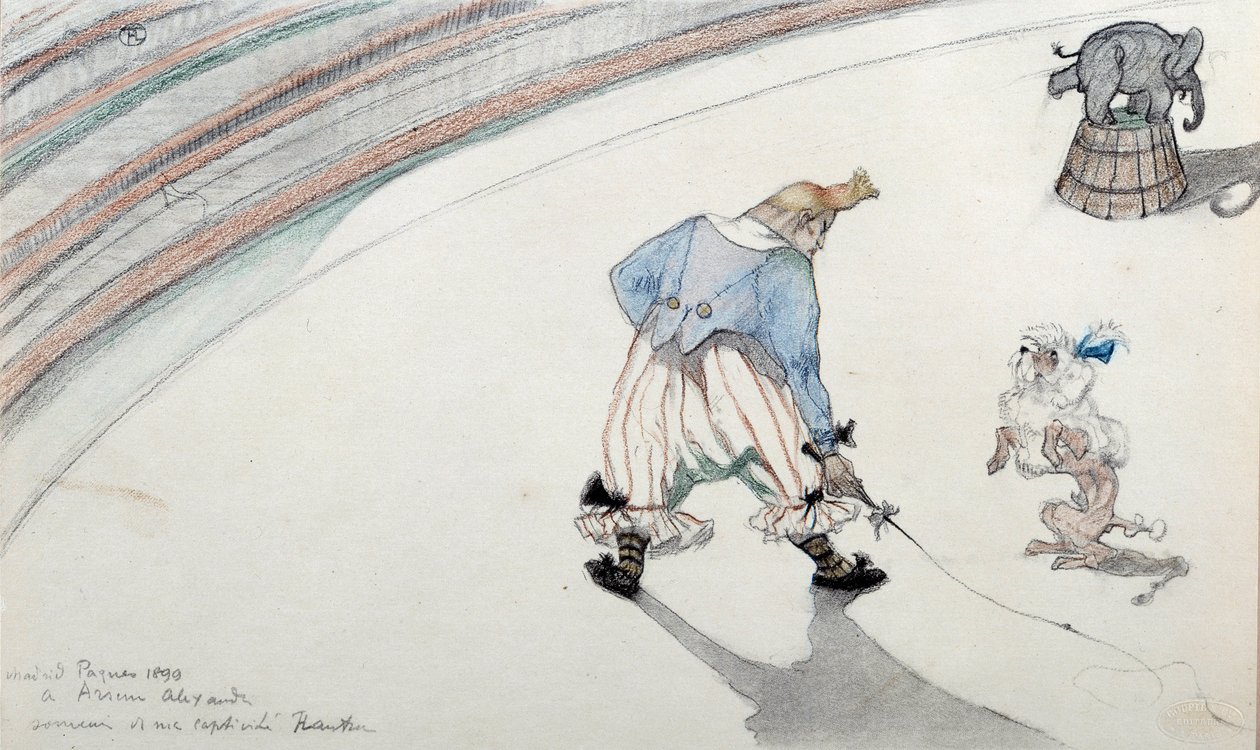 Cirkuszi jelenet: díjlovaglás. Egy bohóc tudós kutyával és egy akrobatikus elefánttal. Henri de Toulouse Lautrec (1864-1901) rajza, 19. századi Albi, Musee de Toulouse Lautrec alkotó: Henri de Toulouse Lautrec