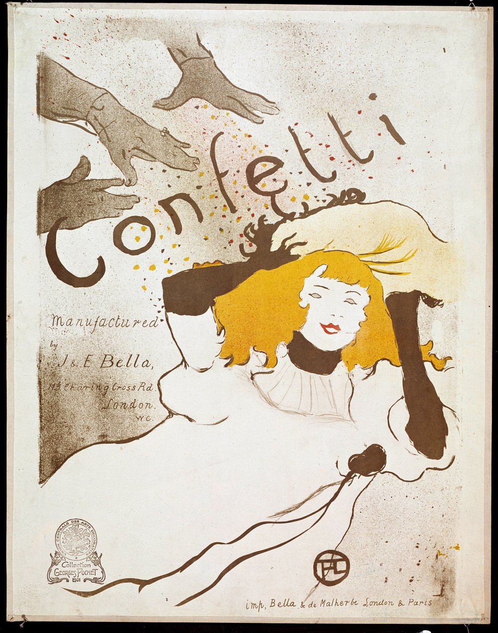 Konfetti: kezek konfetti csuklót vetnek egy sárga hajú nőre. Henri de Toulouse-Lautrec (1864-1901) plakátja. Homályos. 0,54 x 0,39. 1893. Albi, Musee Toulouse Lautrec alkotó: Henri de Toulouse Lautrec