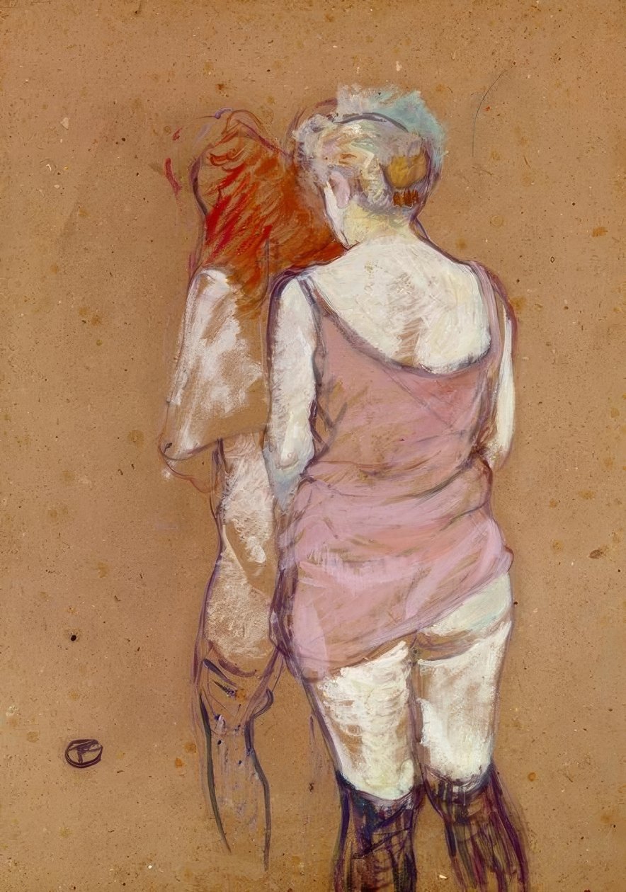 Hátulról két félmeztelen nő, ház a rue des Moulins-ban alkotó: Henri de Toulouse Lautrec