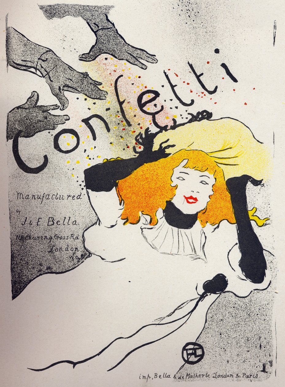Gazdaság. Papírkonfetti a Bella Manufacturától. Henri de Toulouse Lautrec plakátja, Anglia, 1894 körül. (poszter) alkotó: Henri de Toulouse Lautrec