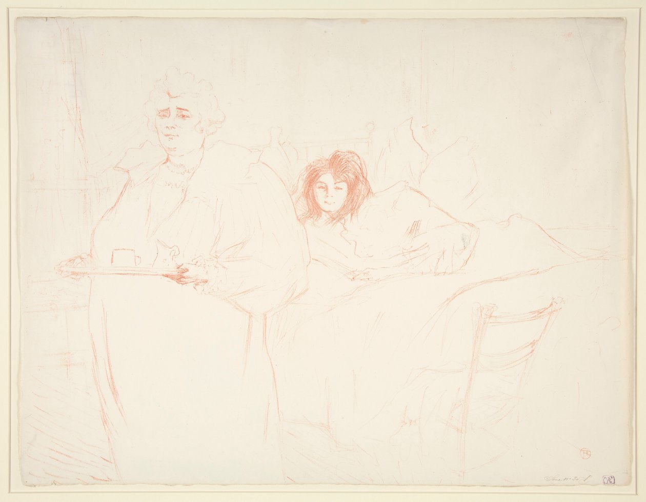 Nő tálcával, Reggeli, Madame Baron és Mademoiselle Popo (Nő tálcával, Reggeli, Madame Baron és Mademoiselle Popo), az Elles sorozatból alkotó: Henri de Toulouse Lautrec