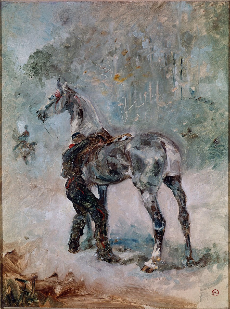 Tüzér nyergeli a lovát. Henri de Toulouse-Lautrec (1864-1901) festménye alkotó: Henri de Toulouse Lautrec