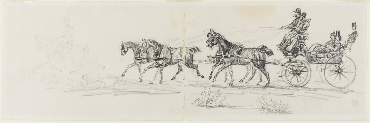 Lovas kocsi, amelyet egylovas előz meg (recto); Lovagló férfi takaróval és vázlatokkal a fejekről, a lovakról és a diadalívről (verso) alkotó: Henri de Toulouse Lautrec