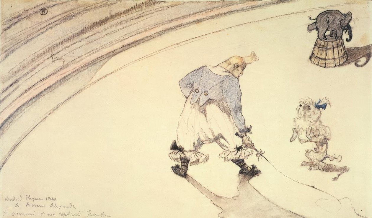 A cirkuszban: Footit bohóc uszkár kutyával és elefánttal alkotó: Henri de Toulouse Lautrec