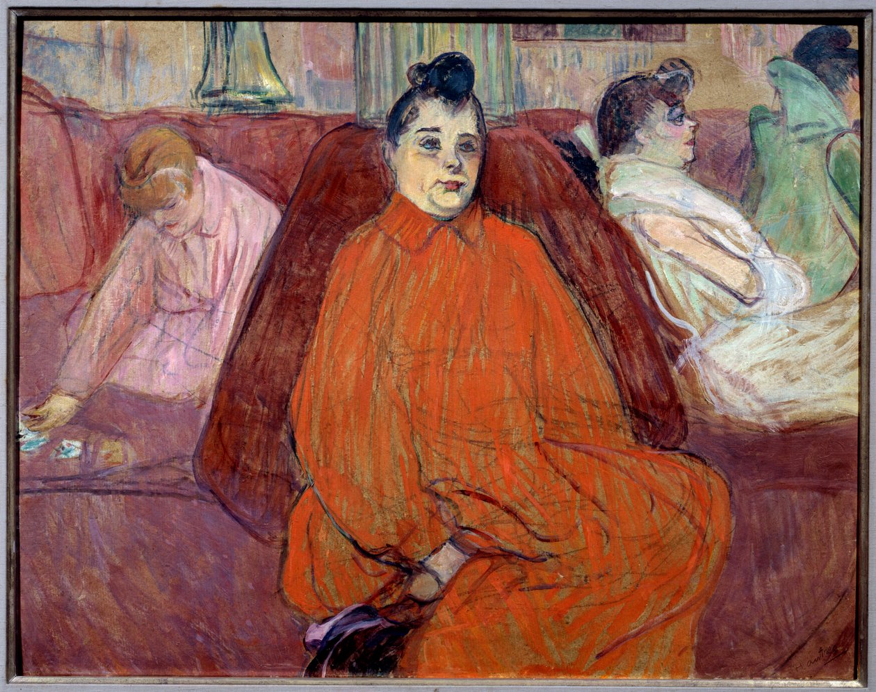 A nappaliban a kanapén Prostituáltak egy bordélyházban várják a vendégeket. Henri de Toulouse Lautrec festménye alkotó: Henri de Toulouse Lautrec