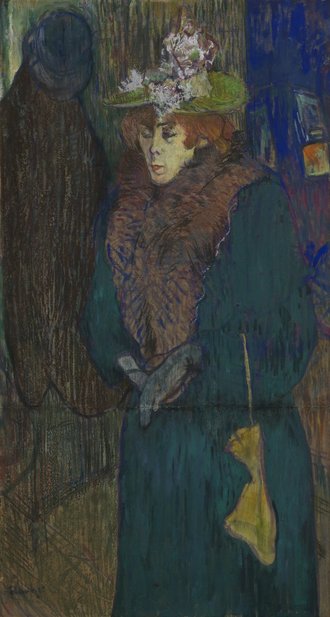 Jane Avril a Moulin Rouge bejáratában, kesztyűt húzva, 1892 körül alkotó: Henri de Toulouse Lautrec