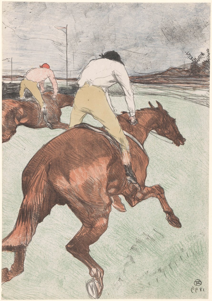 "Le Jockey" Két zsoké lóháton Le jockey (eredeti cím) Lóverseny (sorozat címe) Tanfolyamok (sorozat címe) alkotó: Henri de Toulouse Lautrec