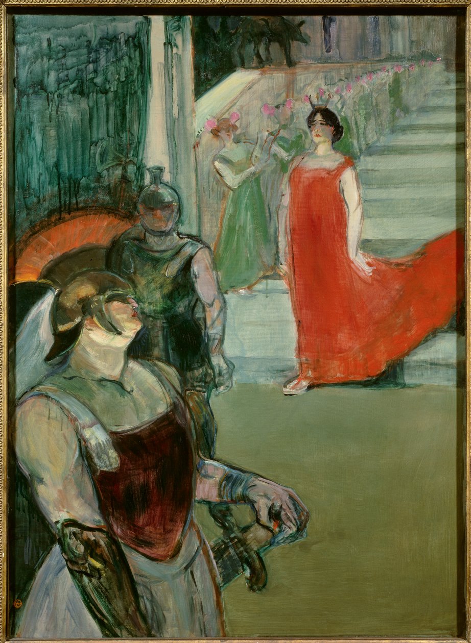 A Messaline lemegy a lépcsőn, amelyet Isidore de Lara „” Messaline” című extrái szegélyeznek. Henri Toulouse Lautrec (1864-1901) festménye 20. század V. 0,99x0,72 m Los Angeles. Megyei Művészeti Múzeum – Messalina lépcsőn lefelé extrákkal alkotó: Henri de Toulouse Lautrec