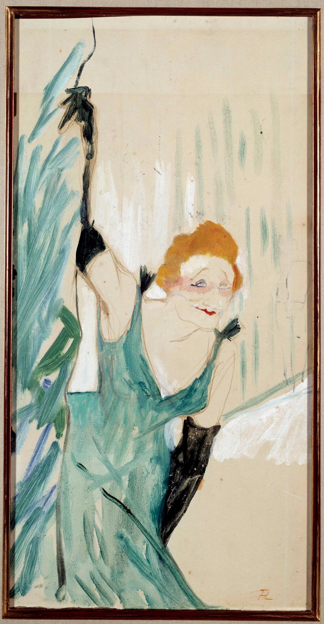 Yvette Guilbert (1867-1944) francia énekesnő portréja, tisztelegve a nyilvánosság előtt Henri de Toulouse Lautrec (1864-1901) litográfiája előtt 1894. Dim. 0,48x0,28 m. Musee Henri de Toulouse-Lautrec, Albi alkotó: Henri de Toulouse Lautrec