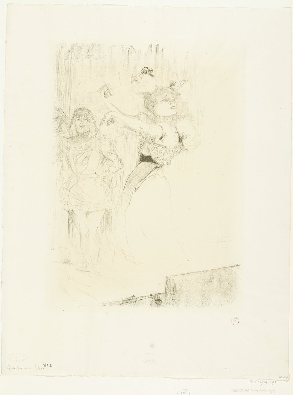 Marcelle Lender színésznő portréja, aki a bolérót táncolja a Chilpéric című operában Lender dansant le pas de bolero alkotó: Henri de Toulouse Lautrec