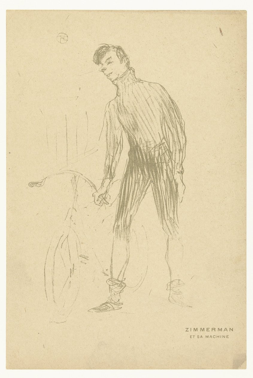 Portré Albert Zimmerman kerékpárosról és kerékpárjáról Zimmerman et sa machine (cím az objektumon) alkotó: Henri de Toulouse Lautrec