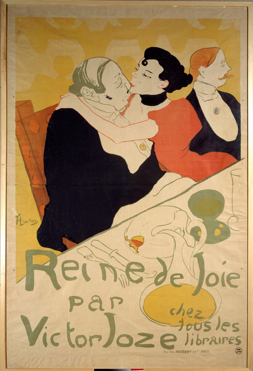 Henri de Toulouse Lautrec (1864-1901) plakátja Victor Joze „Örömkirálynője” című filmjéhez, amely egy fiatal prostituált ábrázol egy ügyfél térdén. 19. századi magángyűjtemény alkotó: Henri de Toulouse Lautrec
