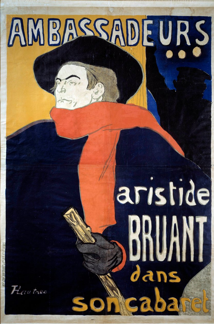 A spectable plakátja: Aristide Bruant (1851-1925), francia dalszerző. "" Nagykövetek - Aristide Sparrow a kabaréjában "". Henri de Toulouse-Lautrec litográfiája (1864-1901). 1892. Mérete 1,41 x 0,98 m Brüsszel, musee d