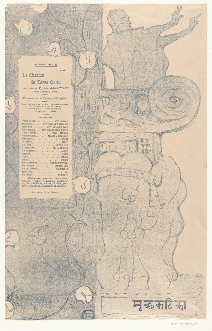 A Le chariot de terre cuite című darab műsora Felix Fénéon színésszel az indiai elefánt feletti erkélyen állva Program pour Le cariot de terre cuite alkotó: Henri de Toulouse Lautrec