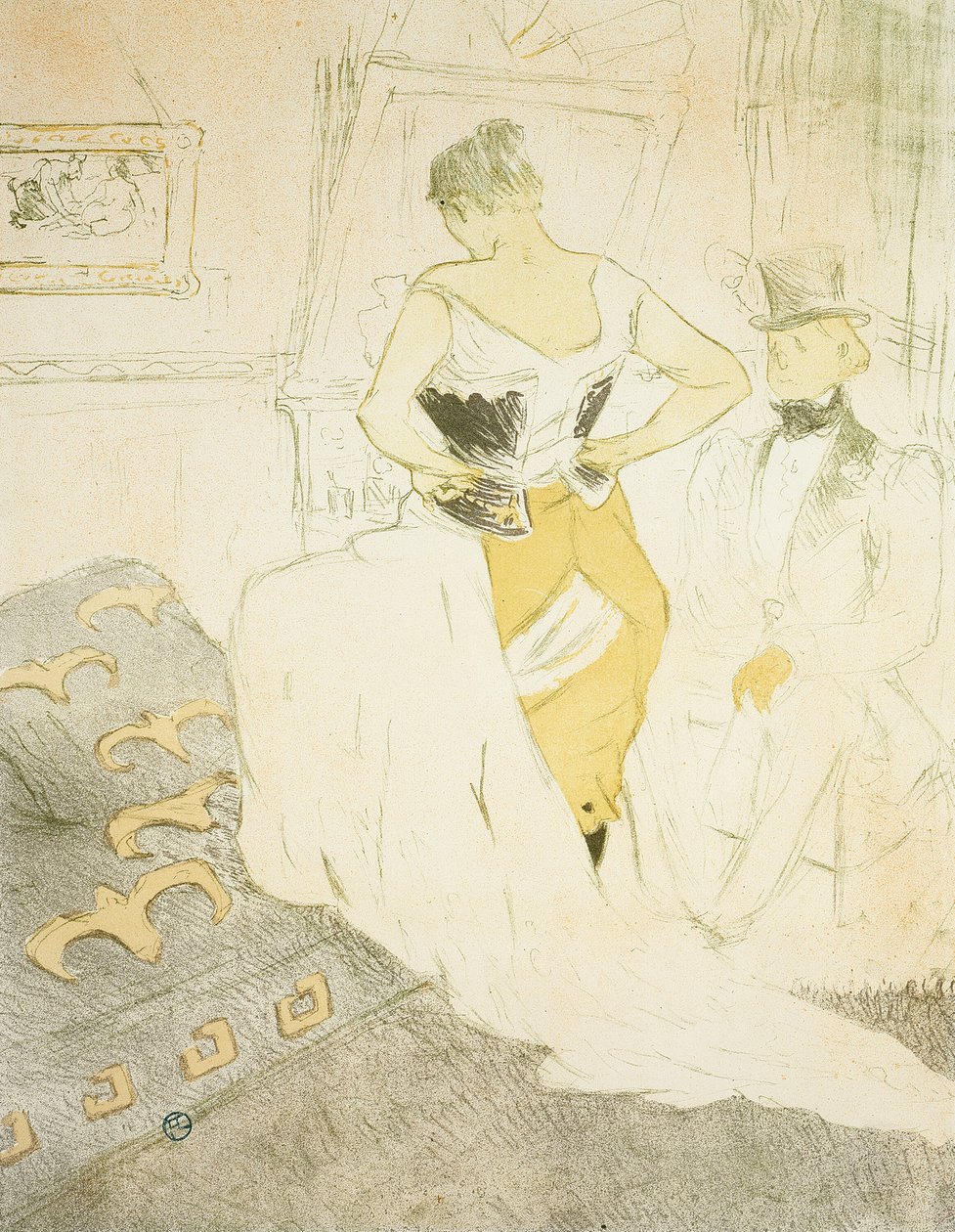 Fűzőt rögzítő nő, elhaladó hódítás, kilences tábla az Elles-től alkotó: Henri de Toulouse Lautrec