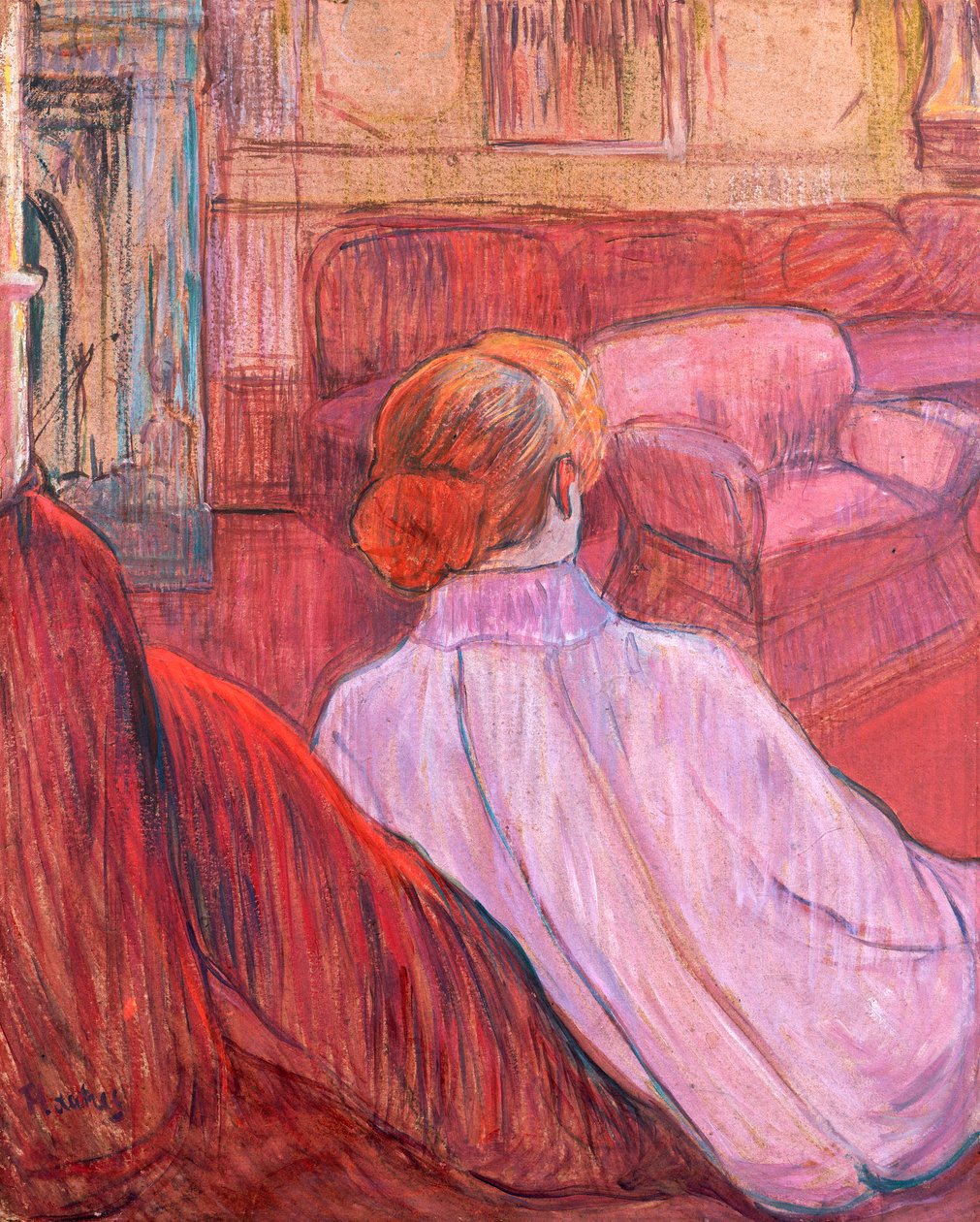 Nő ül egy piros kanapén alkotó: Henri de Toulouse Lautrec