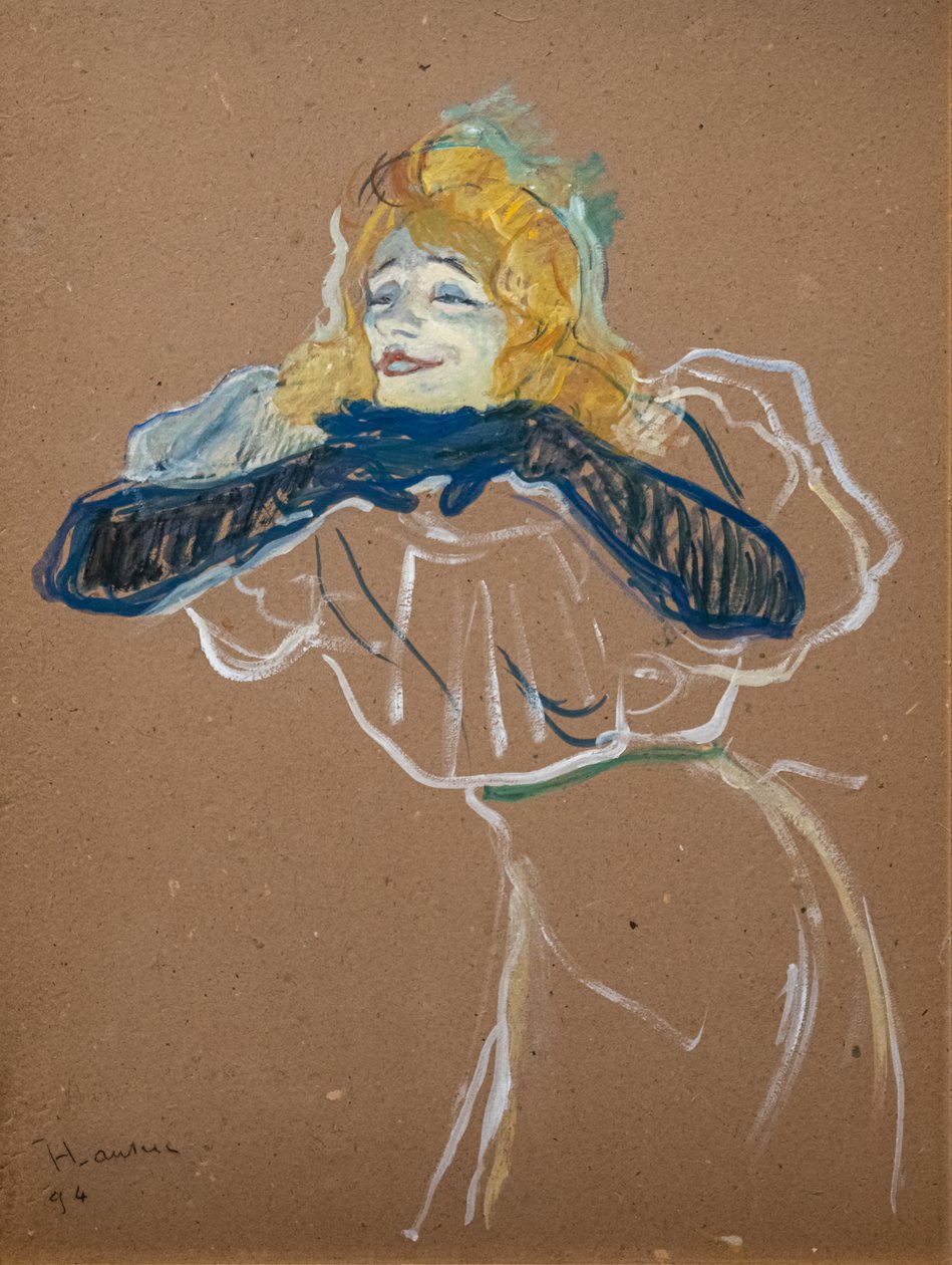 Yvette Guilbert énekli a "Linger, Longer, Loo" 1894-et (olaj, karton) alkotó: Henri de Toulouse Lautrec