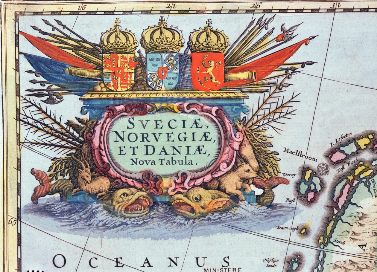 Kartus Svédország, Norvégia és Dánia térképéről, 1631 (színes metszet) alkotó: Henricus Hondius II