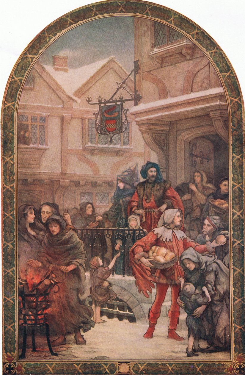 Sir Richard Whittington (1358-1423) jótékonysági adományt oszt, illusztráció a Hutchinson történetéből a brit nemzetről (színes litó) alkotó: Henrietta (after) Rae