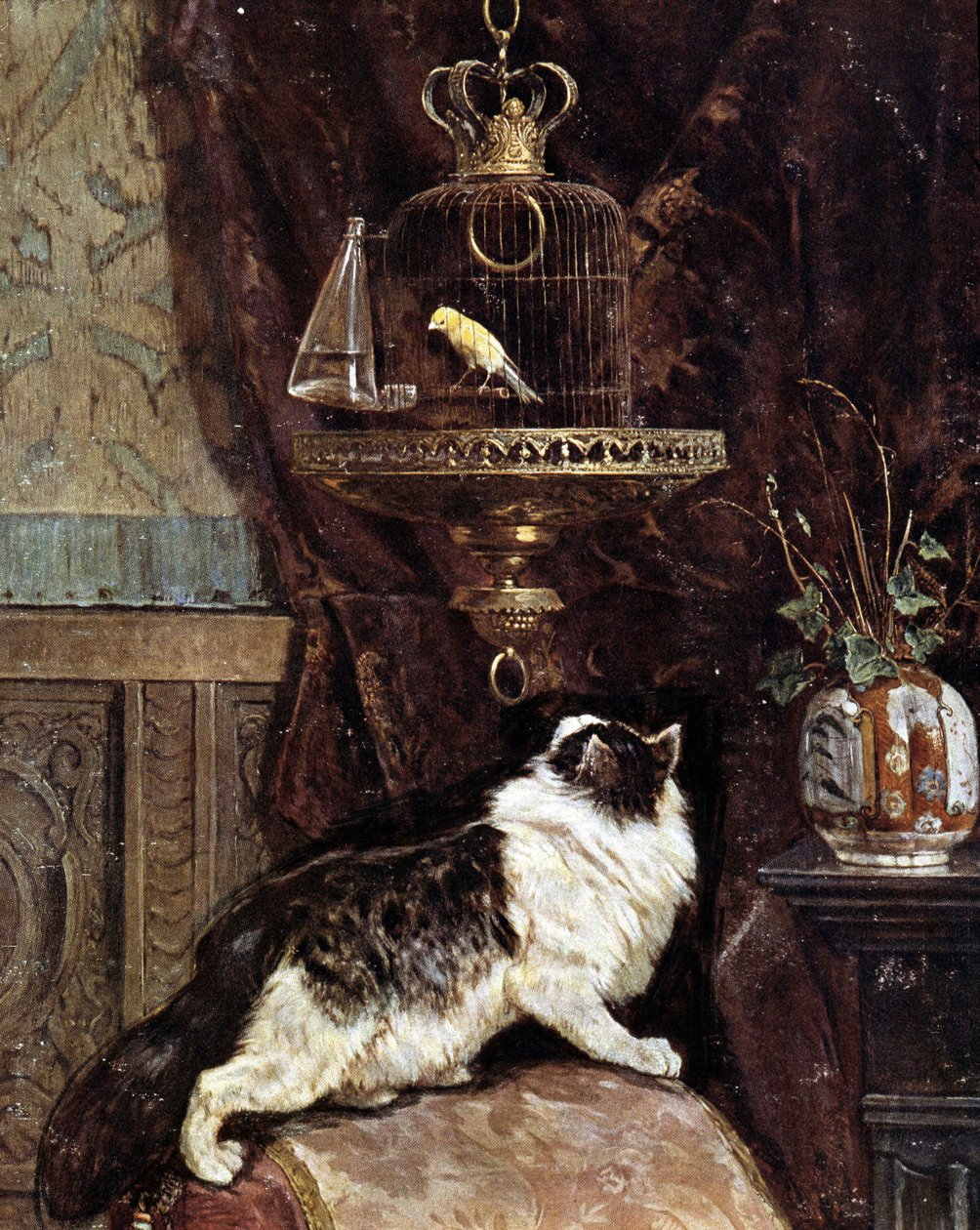 Macska kémkedik egy madarat egy ketrecben – Henriette Ronner alkotó: Henriëtte Ronner Knip