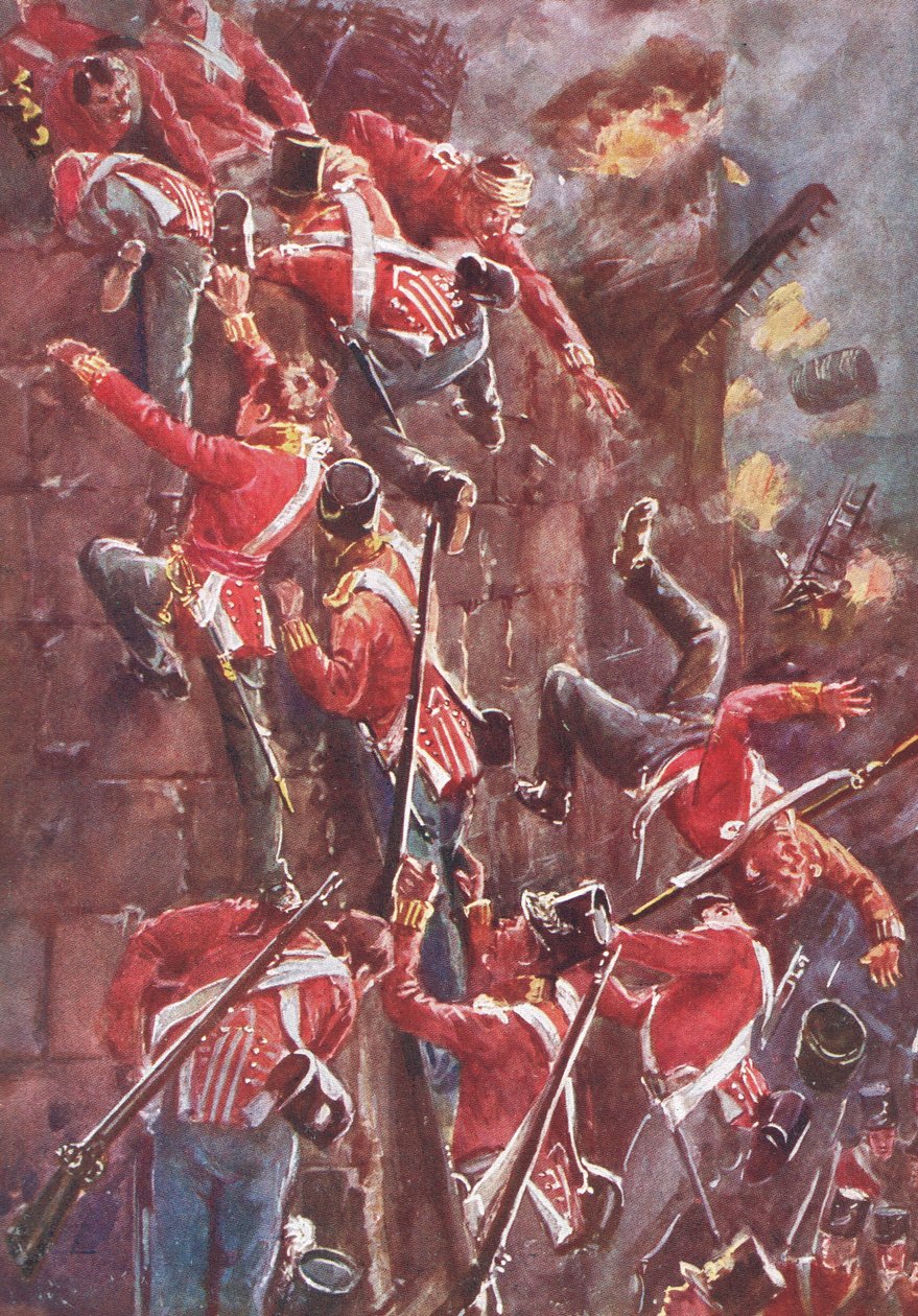 Az 5. hadosztály eszkaláddal ostromolja San Vincente bástyáit Badajoz bevételénél, illusztráció a "British Battles on Land and Sea" című könyvből, kiadta a Cassell, London, 1910 körül. alkotó: Henry A. Payne