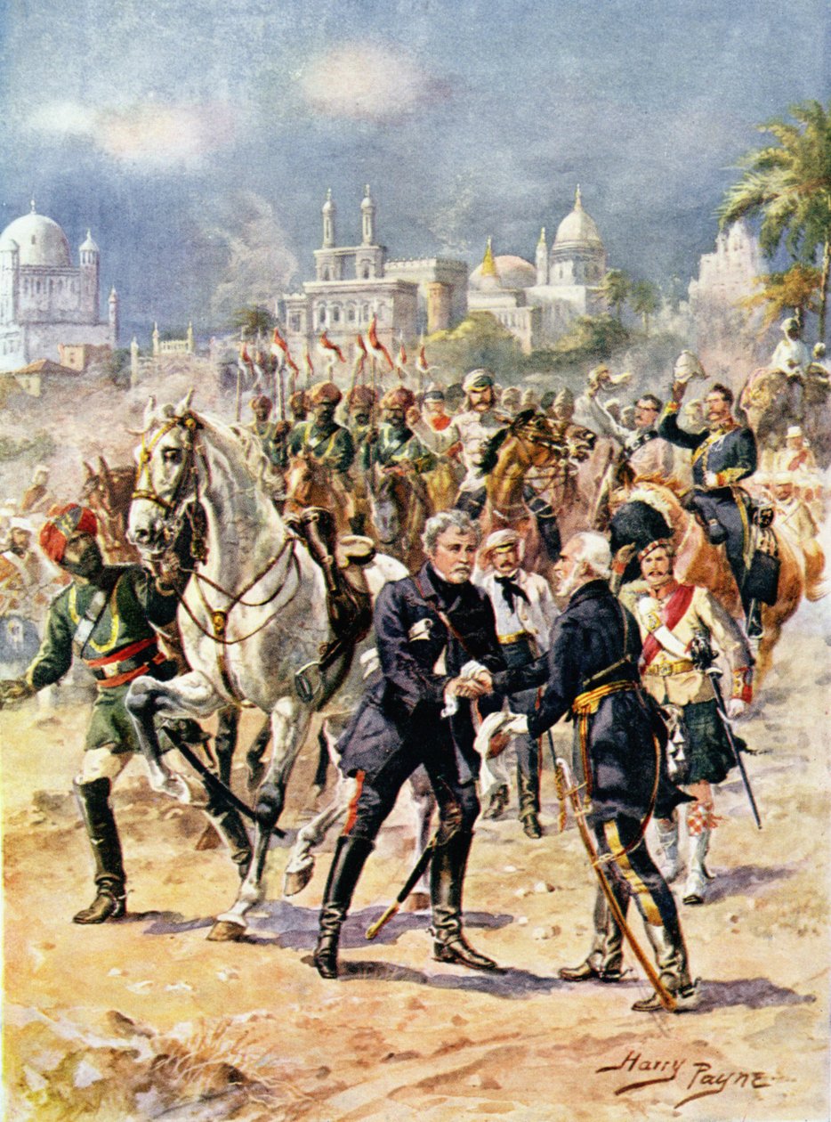 Sir Colin Campbell (1792-1863) találkozása és Outram tábornok illusztrációja C.H. őrnagy „Glorious Battles of English History” c. Wylly, 1920-as évek alkotó: Henry A. Payne