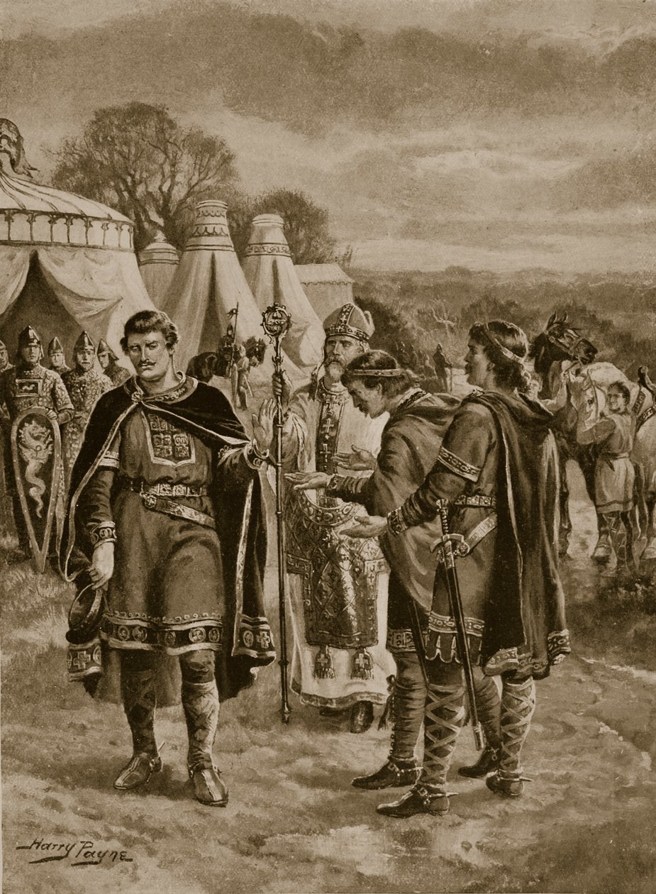 Vilmos felajánlotta a koronát az 1066-os Berkhampsteadben, a „The History of the Nation” illusztrációja. alkotó: Henry A. Payne
