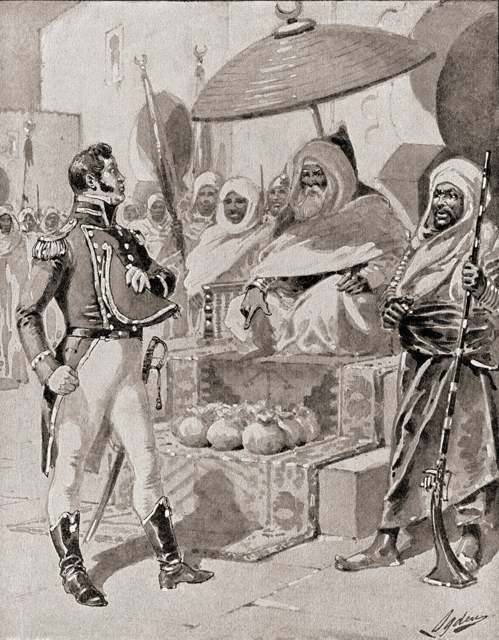 William Bainbridge kapitány az algíri dékánnak fizetett adót, hogy az amerikai kereskedelmi hajók számára mentességet biztosítson a Földközi-tengeren 1800-ban, a The History of Our Country című, 19-ben megjelent kötetből. alkotó: Henry Alexander Ogden