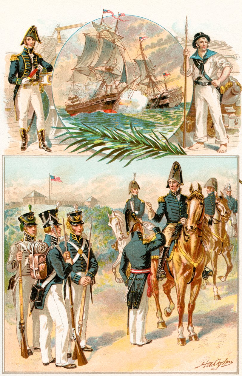 Az Egyesült Államok hadseregének és haditengerészetének egyenruhái az 1812-es háború idején, az 1905-ben kiadott The History of Our Country című kötetből. alkotó: Henry Alexander Ogden