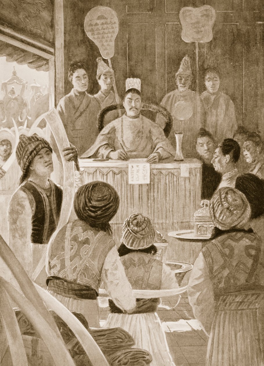 Sziámi küldöttek tisztelegnek a kínai császár előtt, illusztráció a „Hutchinsons History of the Nations” című könyvéből, 1910 körül alkotó: Henry Charles Seppings Wright