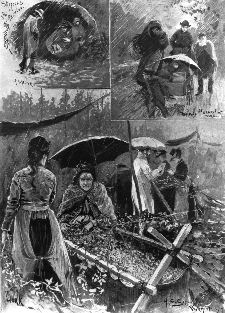 A bajba jutott kenti komlószedőkkel a The Illustrated London News-ból, 1897. szeptember 11. alkotó: Henry Charles Seppings Wright