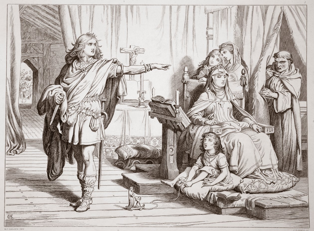 Hereward beszélgetése anyjával és Herluin pappal, illusztráció Charles Kingsley Hereward the Great című művéből, kiad. 1870, metszet: C.G. Lewis (acéllemez-metszet) alkotó: Henry Courtney Selous