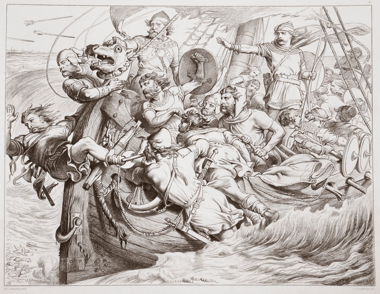 Hogyan vezeti Hereward a hajóját a flandriai parton, illusztráció Charles Kingsley Hereward the Great című művéből, kiad. 1870, metszet: C.G. Lewis (acéllemez-metszet) alkotó: Henry Courtney Selous
