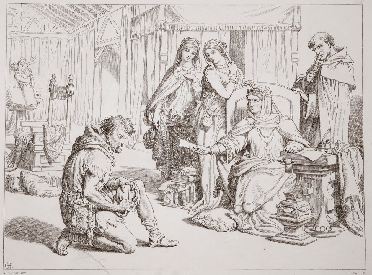 Martin Lightfoot vállalja, hogy hordozója lesz az Earl Leofricnak írt levélnek, a Charles Kingsley által készített Hereward the Great illusztrációjának, pub. 1870, metszett: C.G. Lewis (acéllemez gravírozás) alkotó: Henry Courtney Selous