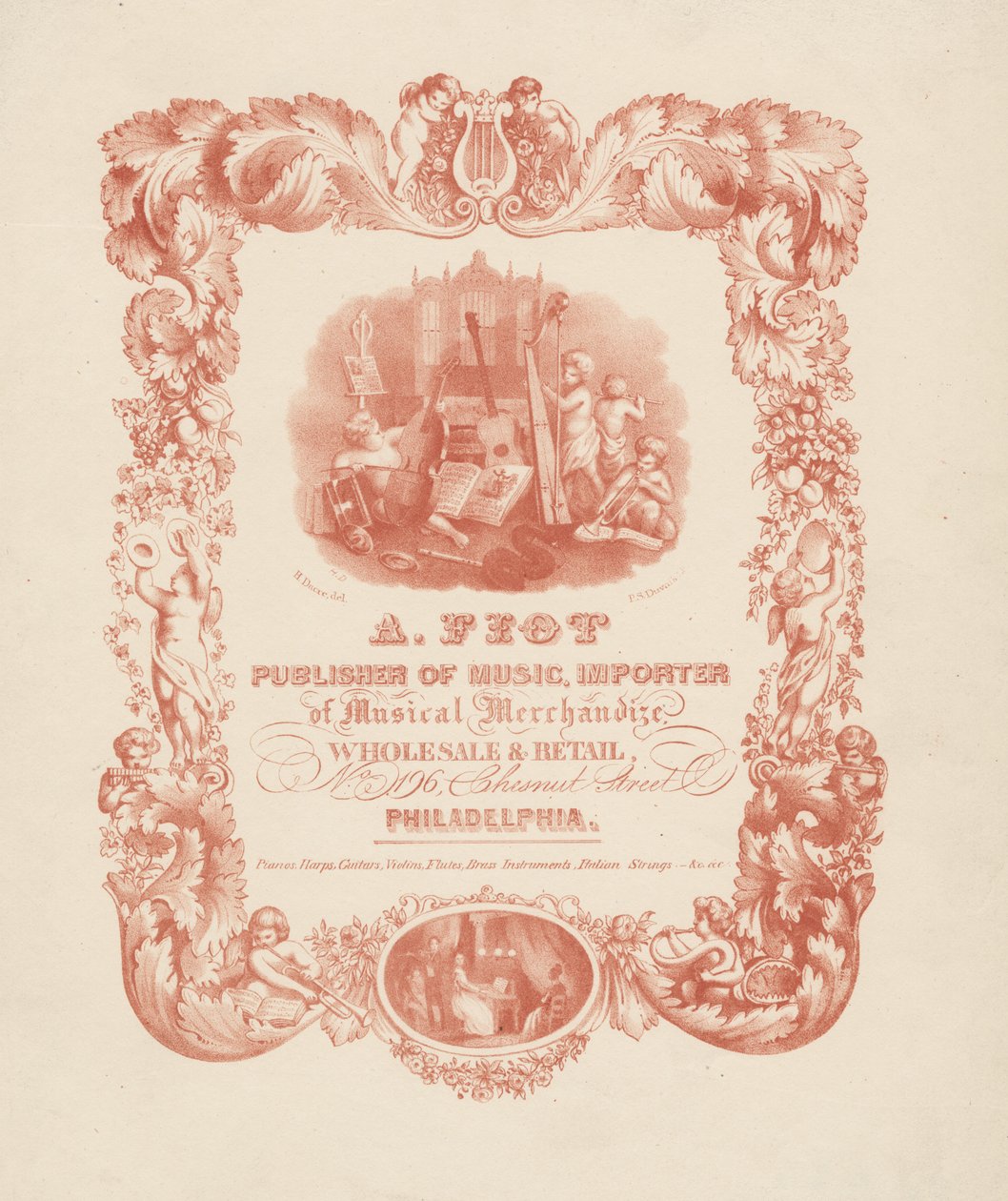 A. Fiot, zenei kiadó, zenei áruk importőre. Nagy- és kiskereskedelem, Chestnut Street 196. szám, Philadelphia, 1850. alkotó: Henry Dacre