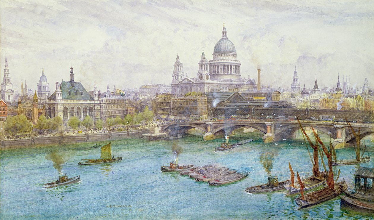 Kilátás délről a Szent Pál-székesegyháztól, a Blackfriars Bridge-től és a City of London Schooltól hajókkal a Temzén, 1921 körül alkotó: Henry Edward Tidmarsh